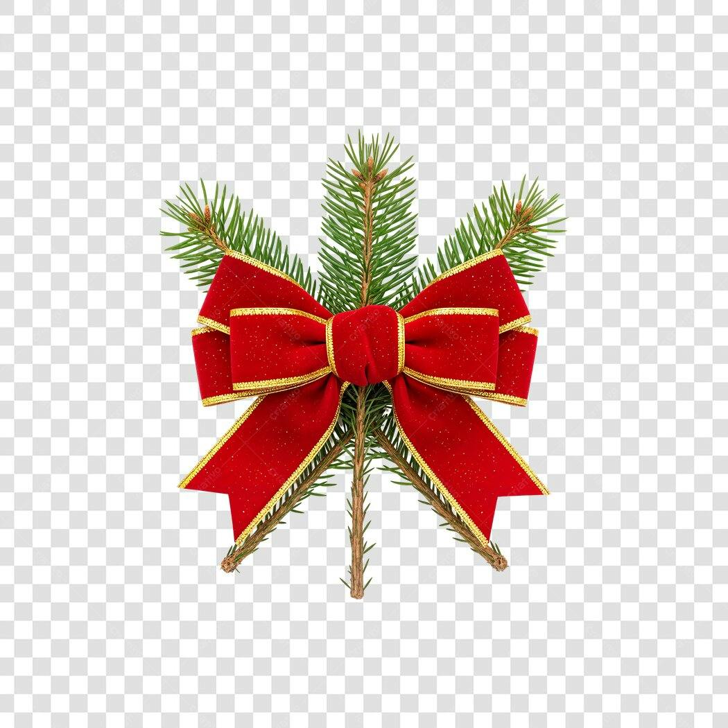 Decoração de Natal Laço Vermelho Veludo Dourado Pinheiro PNG com fundo transparente