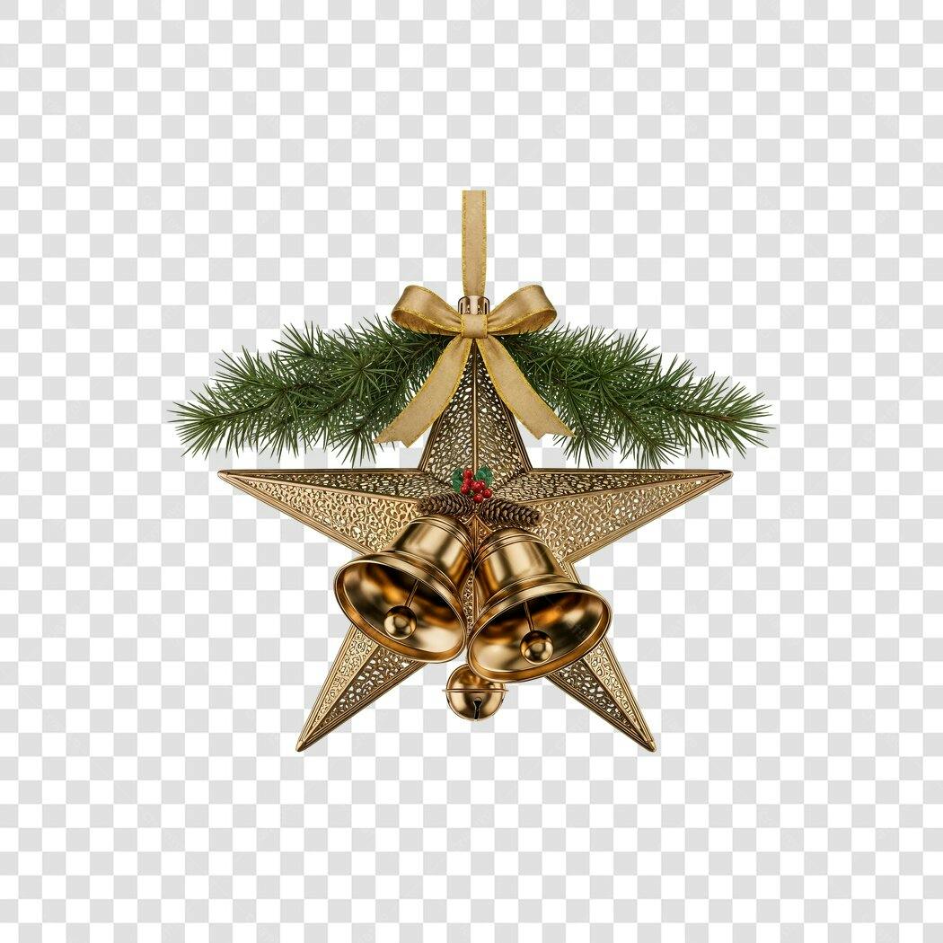 Ornamento Natal Estrela Dourada Sinos Pinho Laço PNG com fundo transparente