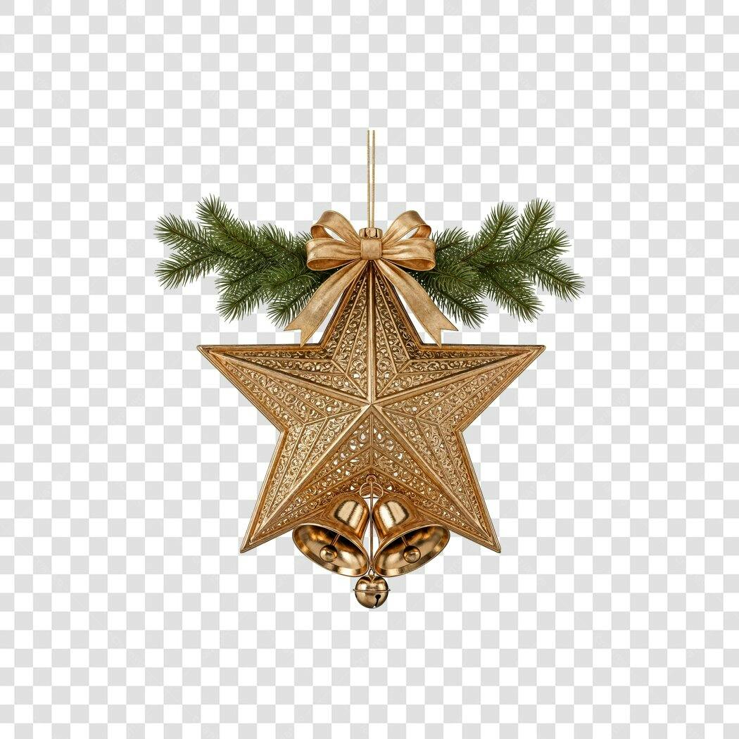 Decoração de Natal Estrela Dourada com Sinos e Laço PNG com fundo transparente