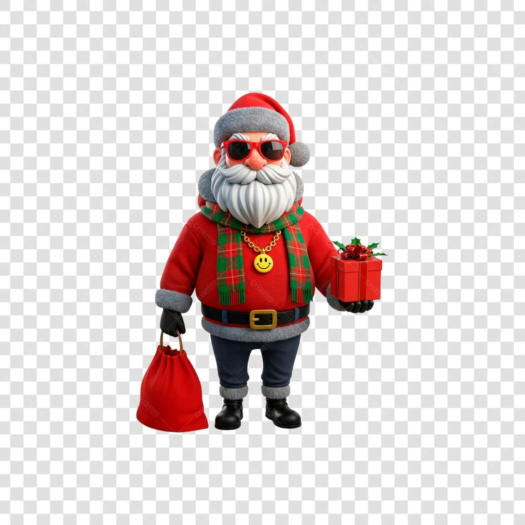 Papai Noel Estiloso com Óculos de Sol e Presentes para Natal PNG com fundo transparente