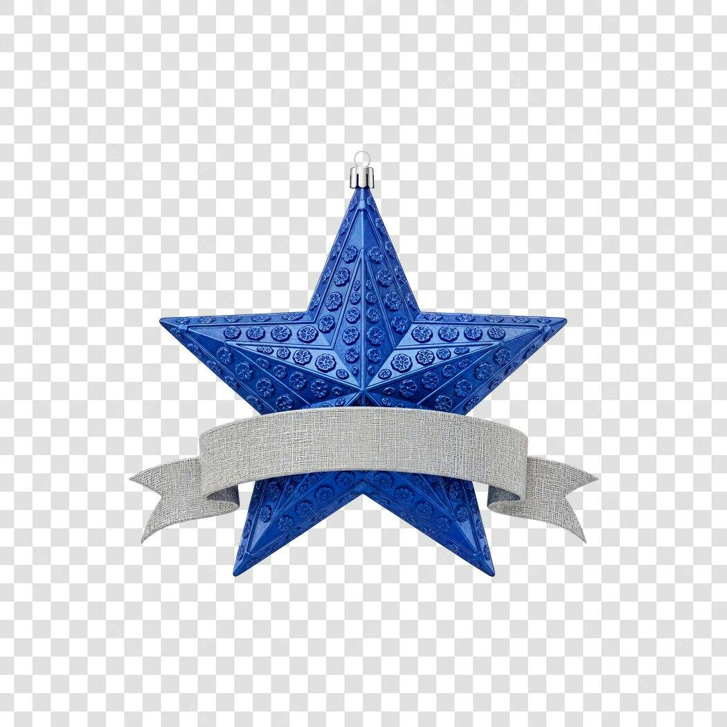 Ornamento Estrela Natal Azul com Fita Cinza PNG com fundo transparente