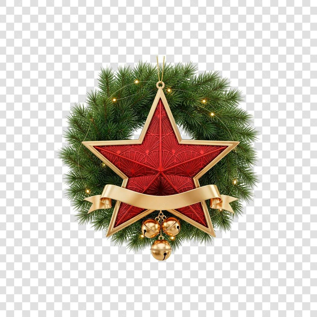 Guirlanda de Natal com Estrela Vermelha e Sinos Dourados PNG com fundo transparente