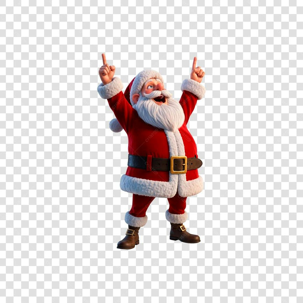 Ilustração 3D Papai Noel feliz apontando para cima PNG com fundo transparente