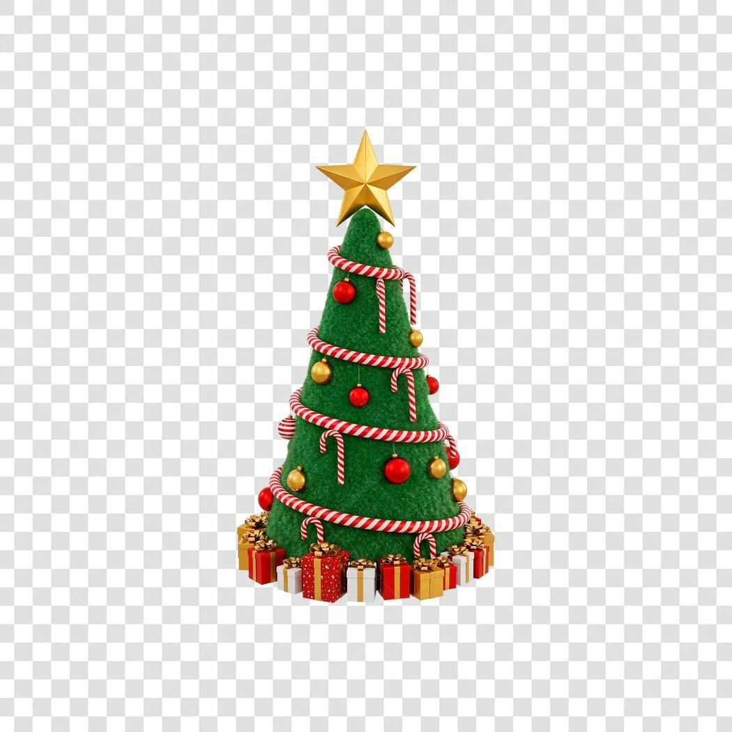 Ilustração 3D Árvore de Natal e presentes com estrela dourada PNG com fundo transparente