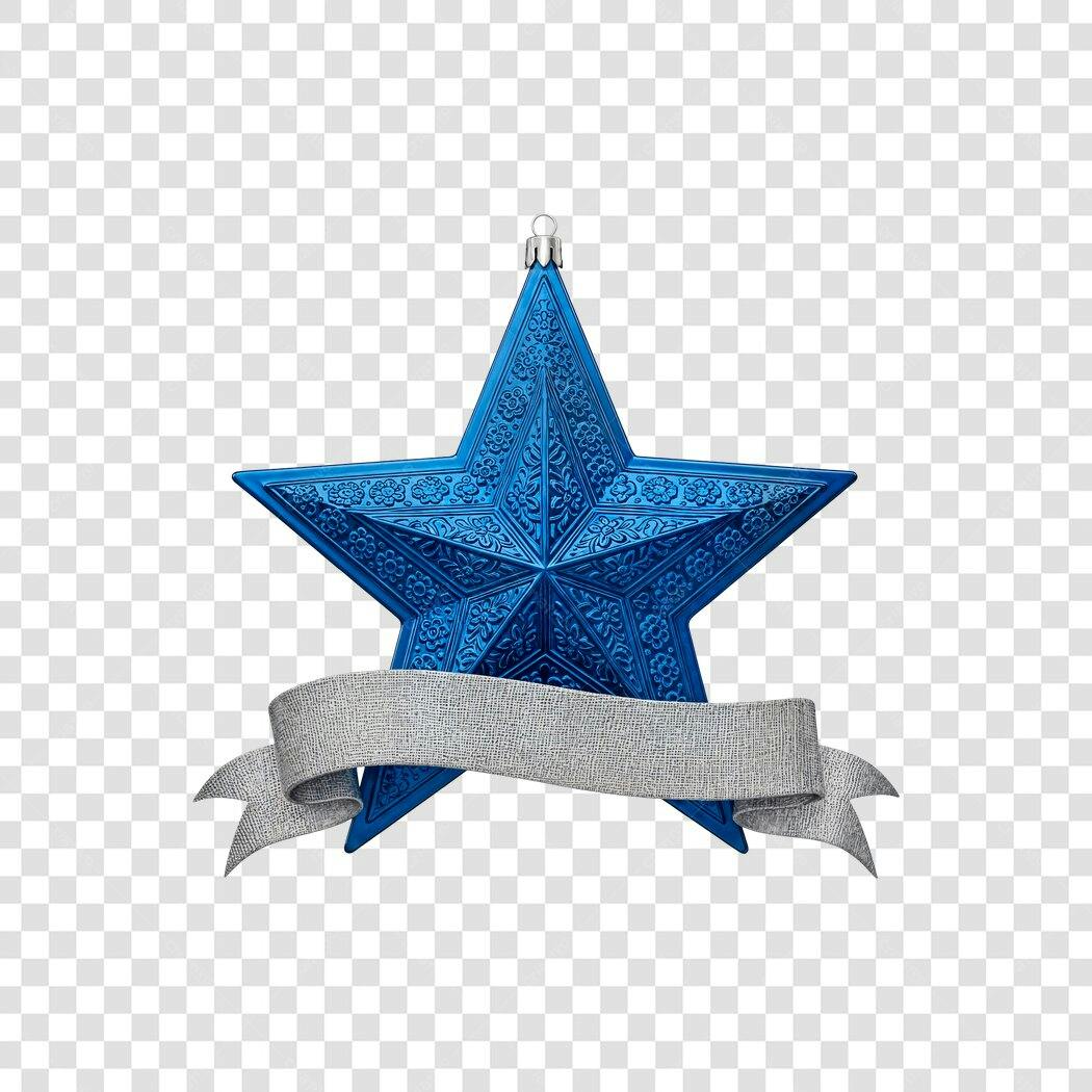 Ornamento de Estrela Natalina Azul com Fita de Prata PNG com fundo transparente