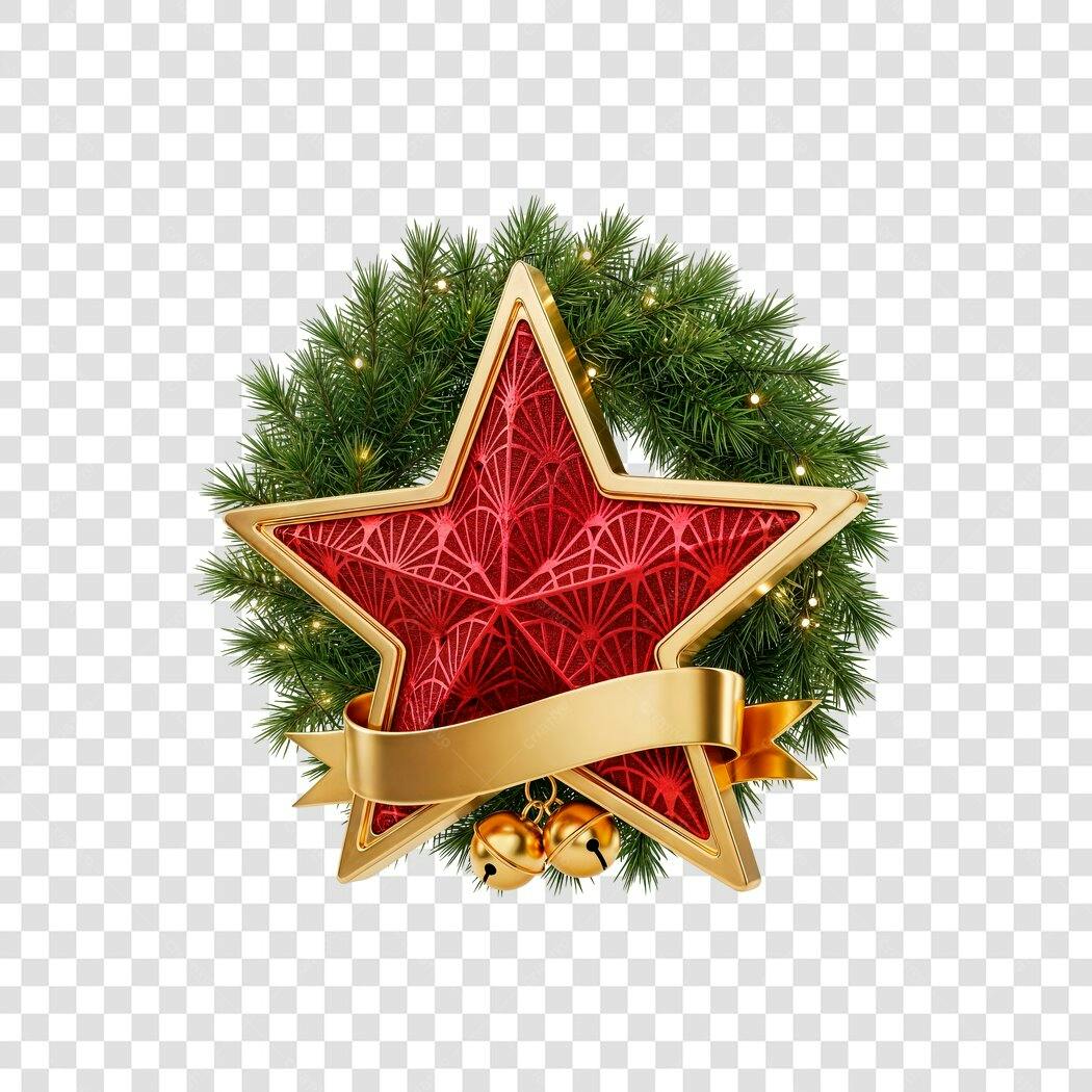 Estrela de Natal Dourada Vermelha com Guirlanda e Sinos PNG com fundo transparente