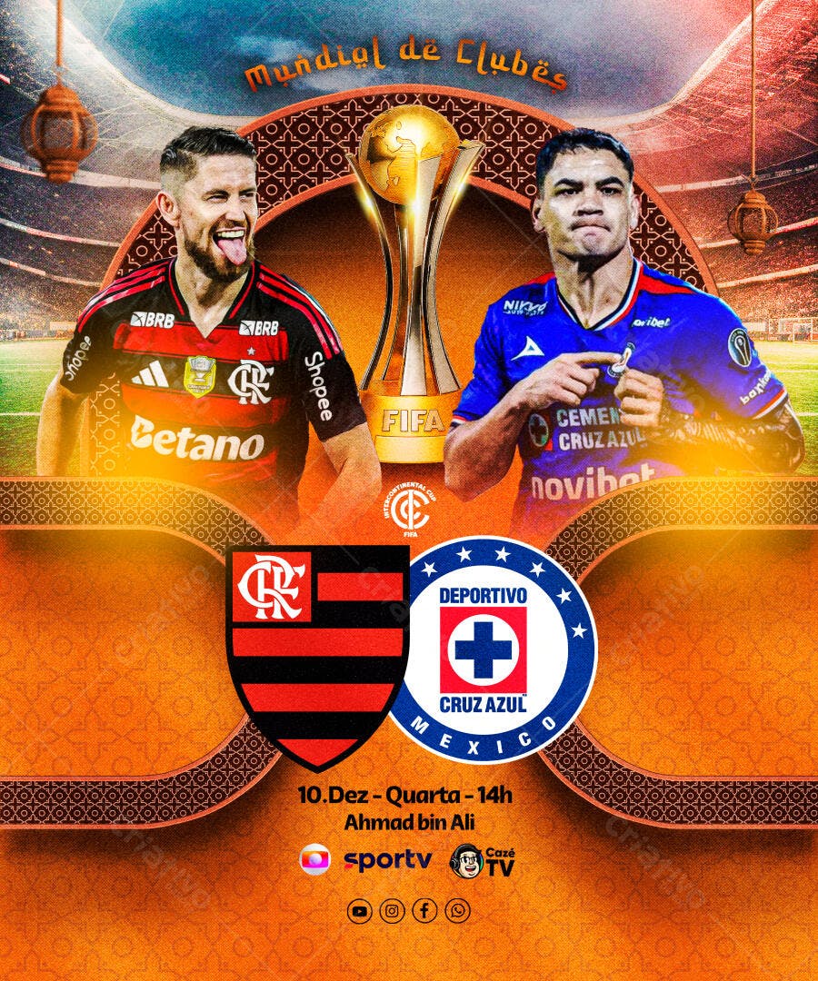 Flyer Mundial de Clubes Flamengo Cruz Azul Troféu Dourado PSD Editável
