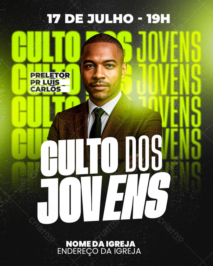 Flyer Culto Jovens Igreja Neon Preto Pr Luis Carlos PSD Editável