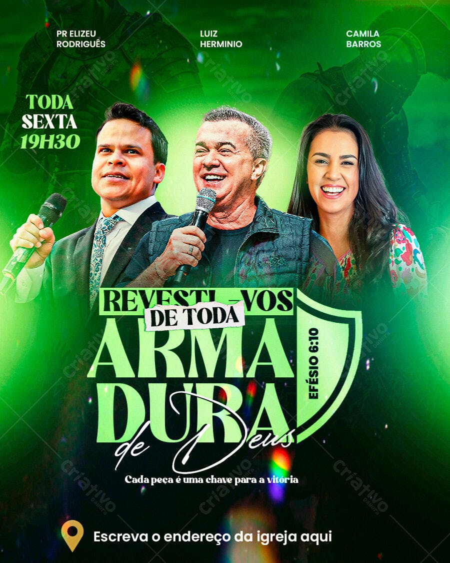 Flyer Cristão para Culto Armadura de Deus PSD Editável