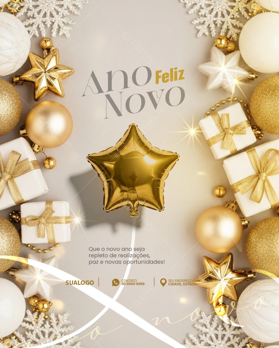 Post de Ano Novo Dourado e Branco PSD Editável