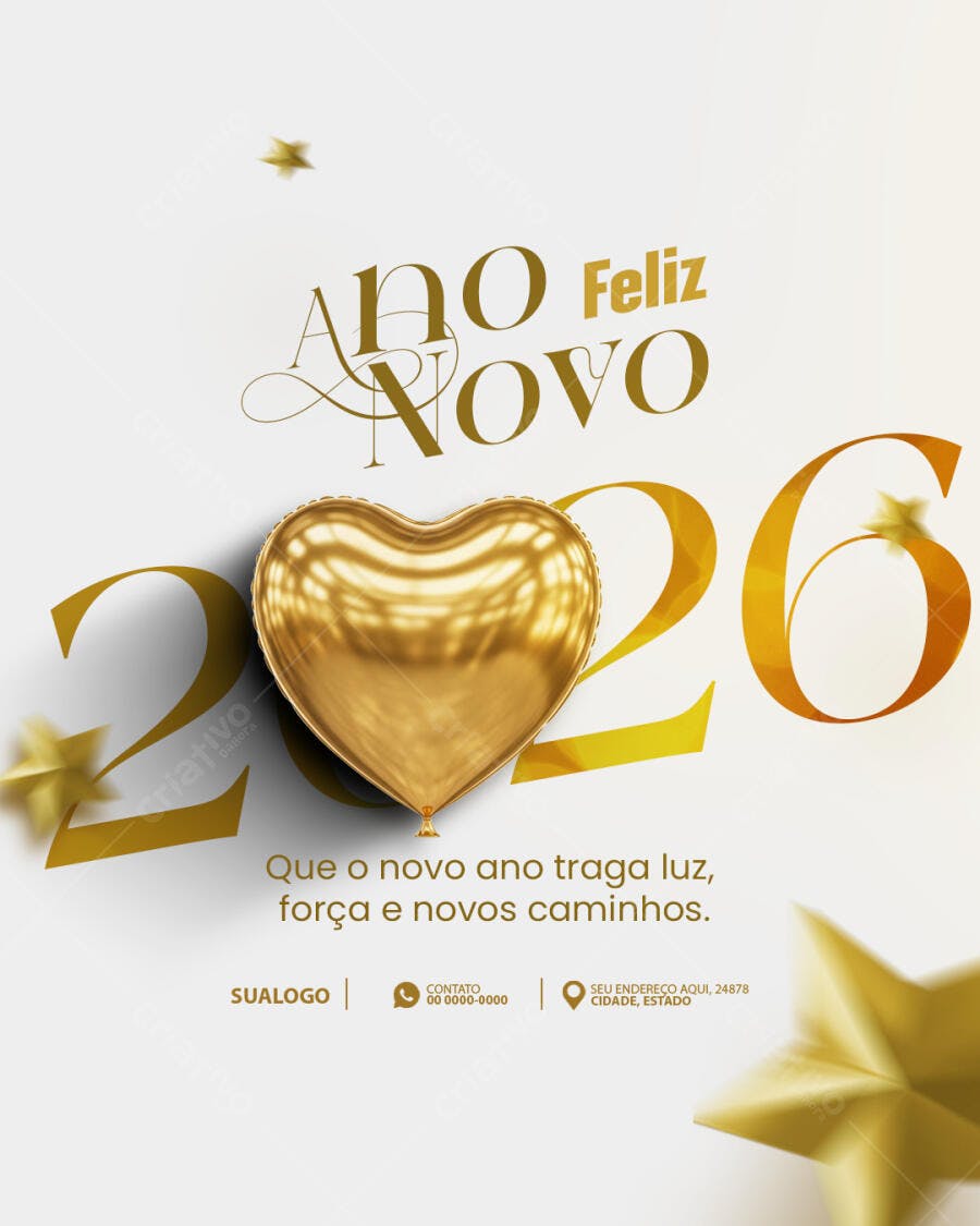 Post para Redes Sociais Ano Novo 2026 Balão Coração Dourado PSD Editável