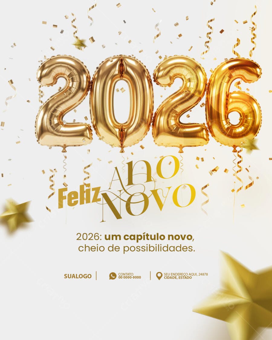 Post para Ano Novo 2026 Balões Dourados Psd Editável