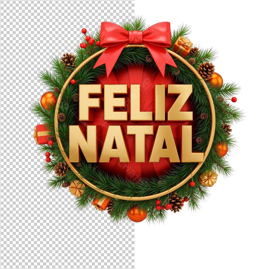 Selo 3D de Natal festivo dourado e verde com Feliz Natal