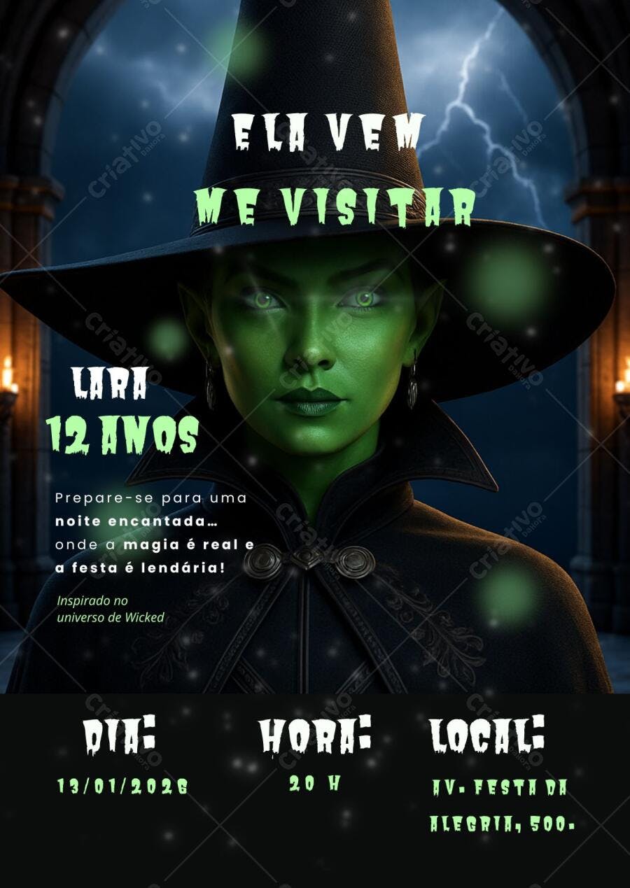 Convite Aniversário Bruxa Verde Wicked Castelo Relâmpagos Noite Editável no Canva
