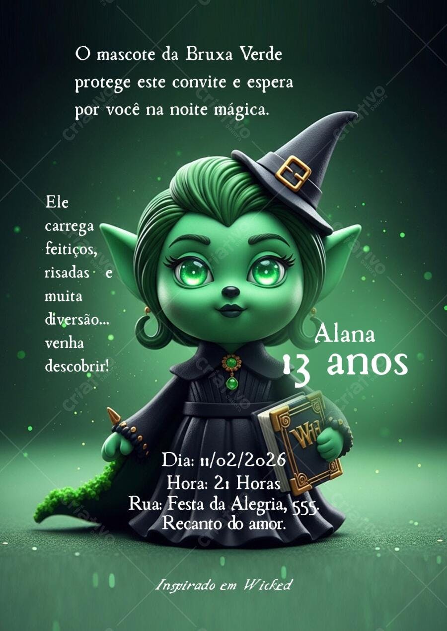 Convite aniversário mágico Bruxa Verde fofa com livro de feitiços Editável no Canva