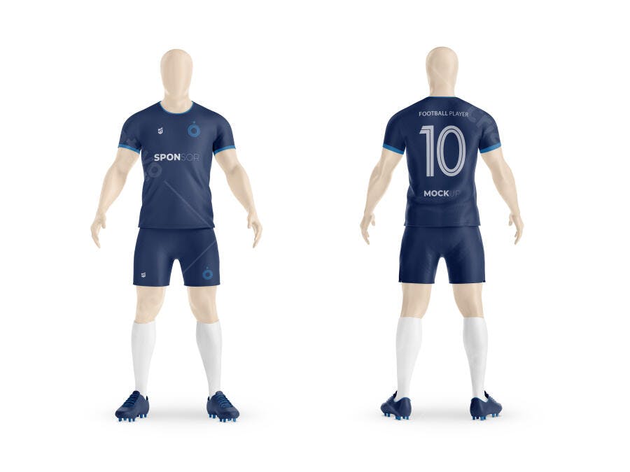 Mockup Uniforme de Futebol Azul Marinho Completo Mannequin Vistas Frontal e Traseira