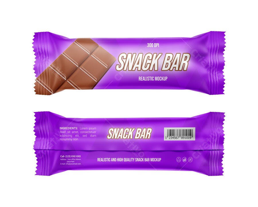 Mockup Realista de Embalagem para Barra de Snack Roxo e Chocolate