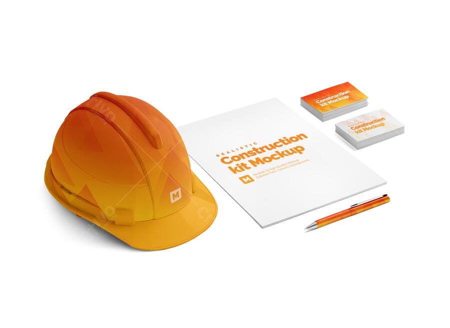 Mockup Kit de Identidade Visual para Construção Capacete Laranja Realista