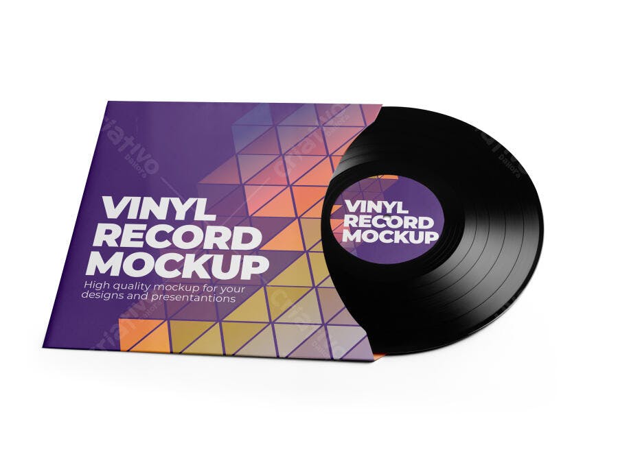 Mockup Realista de Disco de Vinil com Capa Roxa e Padrão Geométrico Laranja