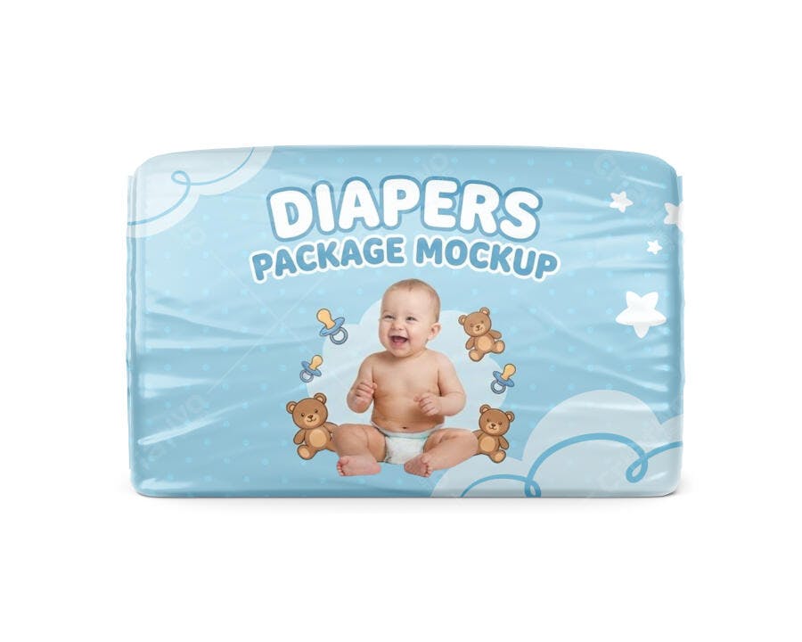 Mockup de Embalagem de Fraldas com Bebê Sorrindo e Ursos de Pelúcia Azul Claro