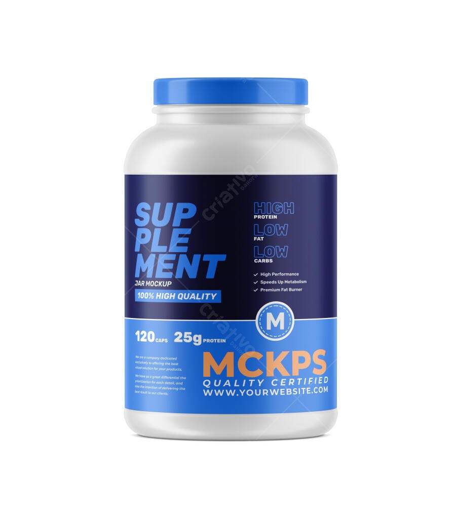 Mockup Realista de Pote Suplemento Proteína Fitness Tampa Azul Elegante