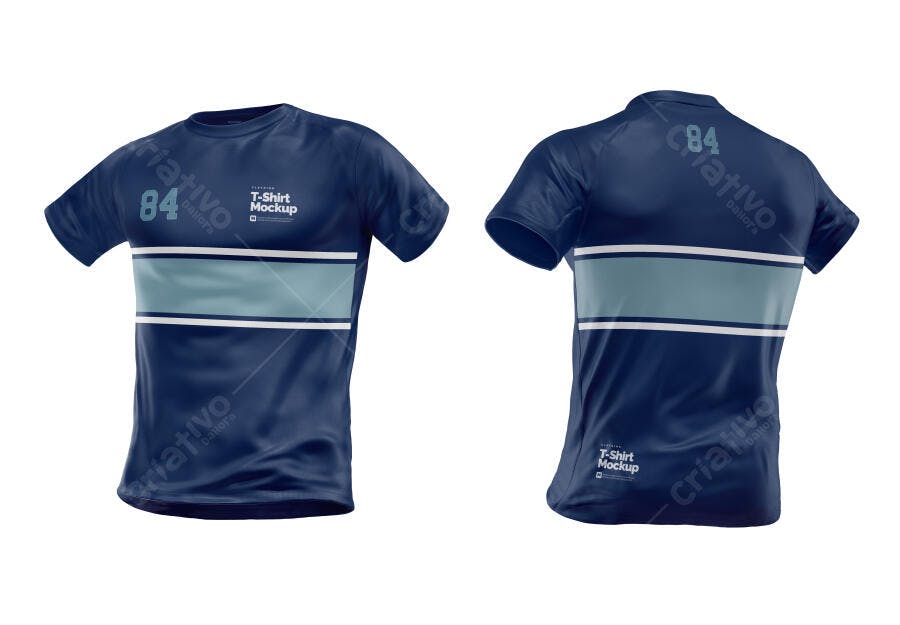 Mockup Realista de Camiseta Masculina Azul Marinho com Faixa Horizontal Azul Claro