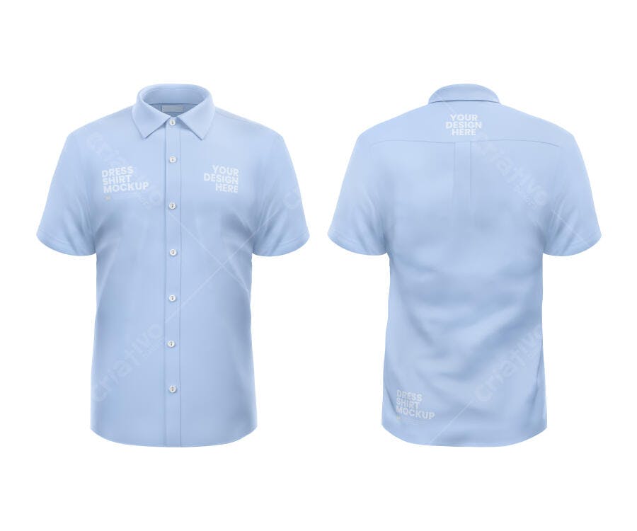 Mockup Camisa Social Manga Curta Azul Clara Realista Vista Frontal Traseira
