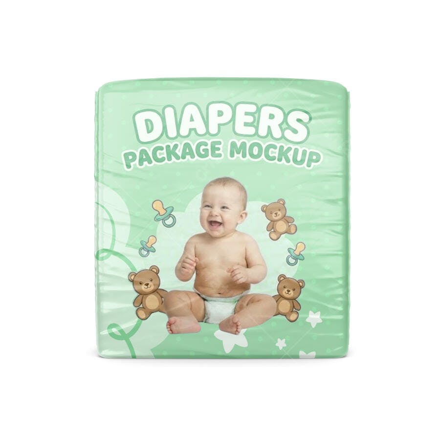 Mockup Realista Embalagem Fraldas Bebê Sorrindo Ursos Verdes Fundo Branco