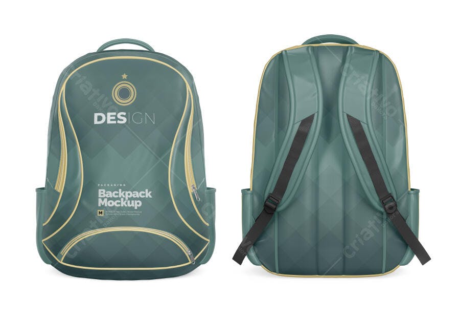 Mockup de Mochila Moderna Verde Esmeralda com Detalhes Dourados e Zíperes
