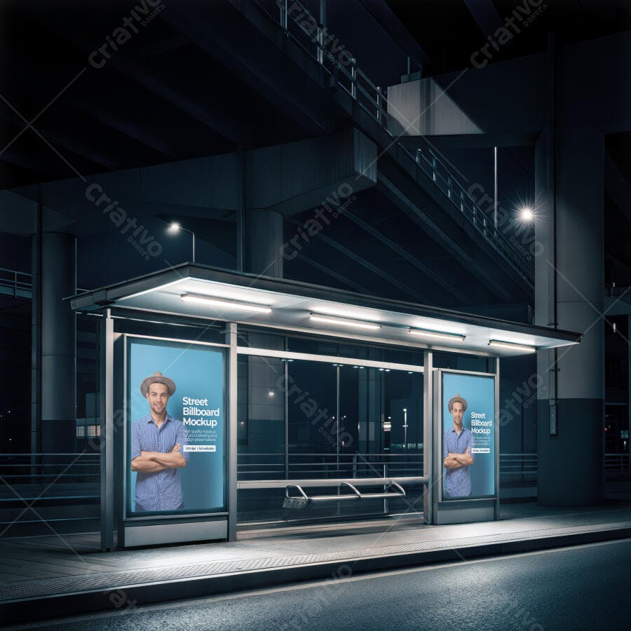 Mockup de Outdoor Iluminado com Homem em Ponto de Ônibus Noturno Urbano