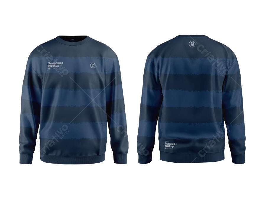 Mockup de Moletom Gola Careca Azul Marinho Listrado Frente e Verso Realista