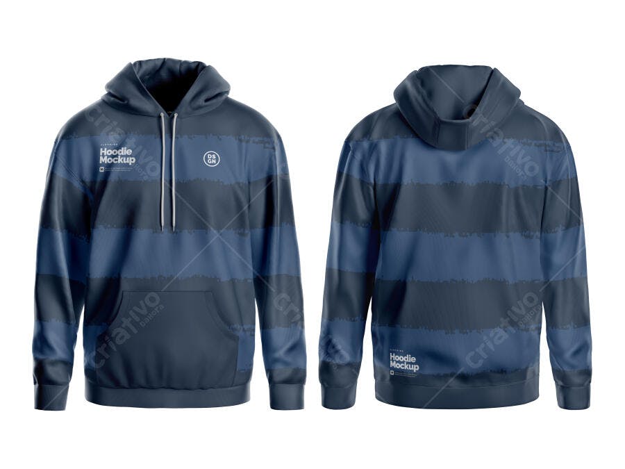 Mockup Realista Moletom com Capuz Azul Listrado Frente e Verso