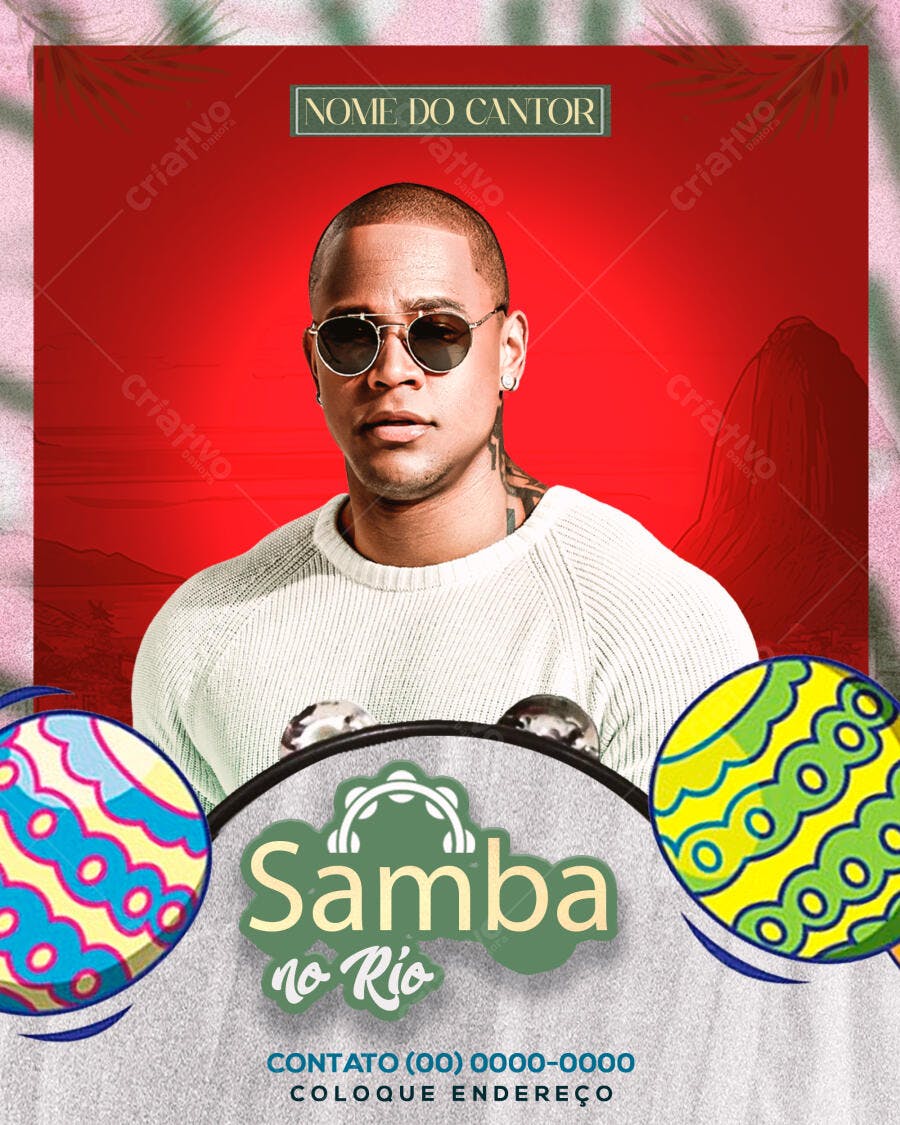 Flyer para Show de Samba no Rio com Cantor Negro de Óculos PSD Editável