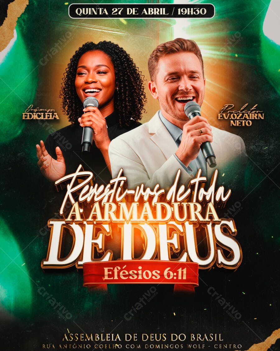 Flyer de Igreja para Culto Armadura de Deus com Cantores PSD Editável