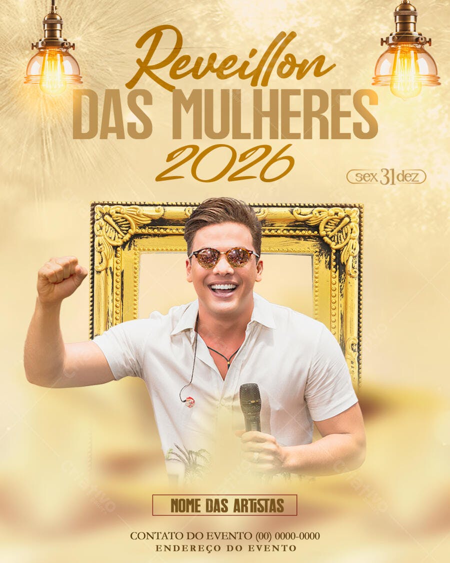 Flyer Reveillon Das Mulheres 2026 Cantor Microfone Luzes Douradas PSD Editável
