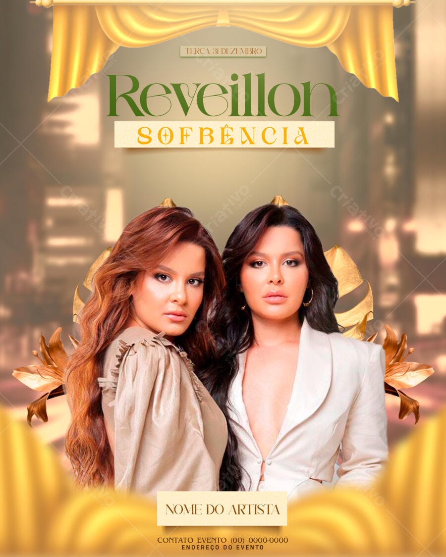 Flyer Reveillon Sofbência Dourado para Evento de Ano Novo com Cantoras PSD Editável