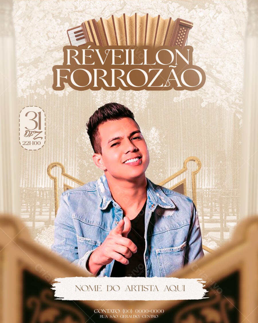 Flyer para Réveillon Forrozão com Jovem Cantor PSD Editável