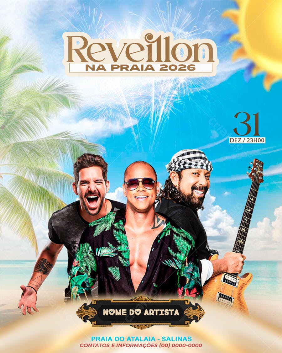 Flyer Reveillon Na Praia 2026 com Trio de Artistas PSD Editável