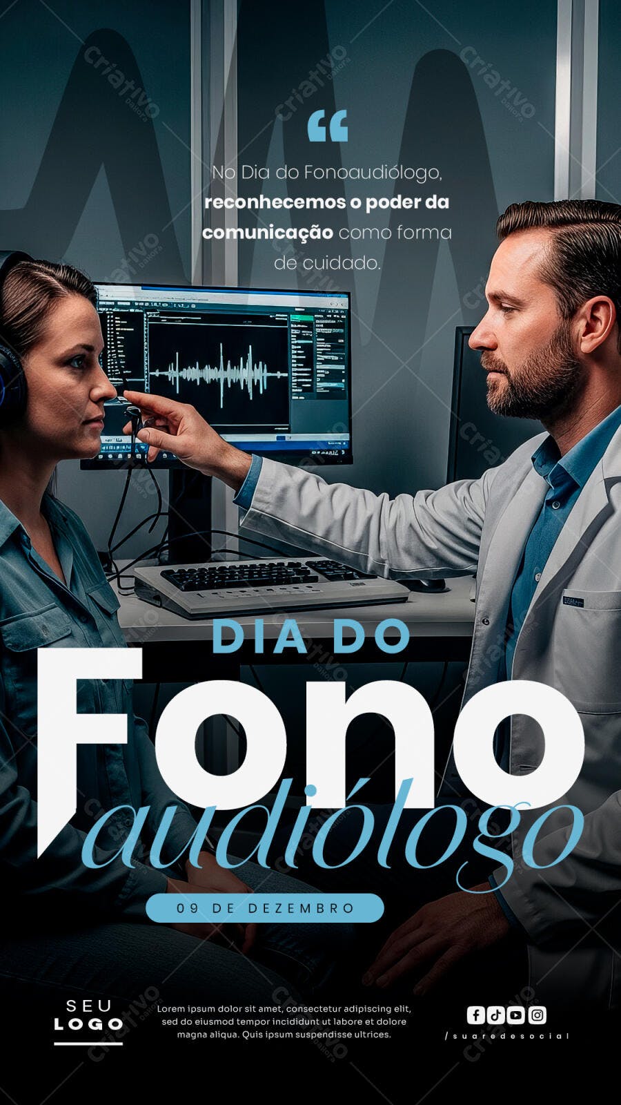Flyer Dia do Fonoaudiólogo Comunicação e Cuidado Auditivo PSD Editável