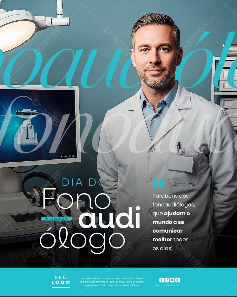 Flyer Profissional Homem Dia do Fonoaudiólogo Clínica Audiologia PSD Editável