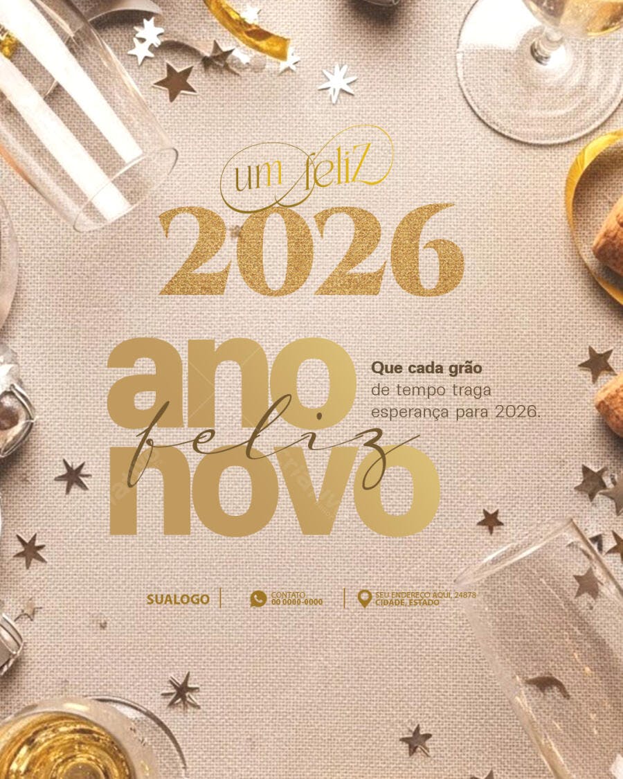 Flyer Feliz Ano Novo 2026 Dourado com Taças e Brilho PSD Editável