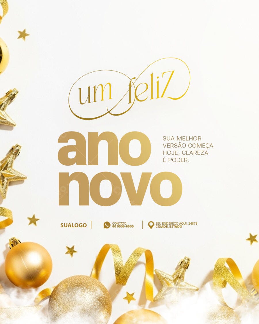 Post Redes Sociais Um Feliz Ano Novo Dourado PSD Editável