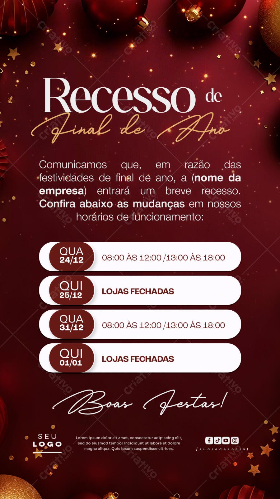 Post para Redes Sociais Recesso de Final de Ano Boas Festas PSD Editável