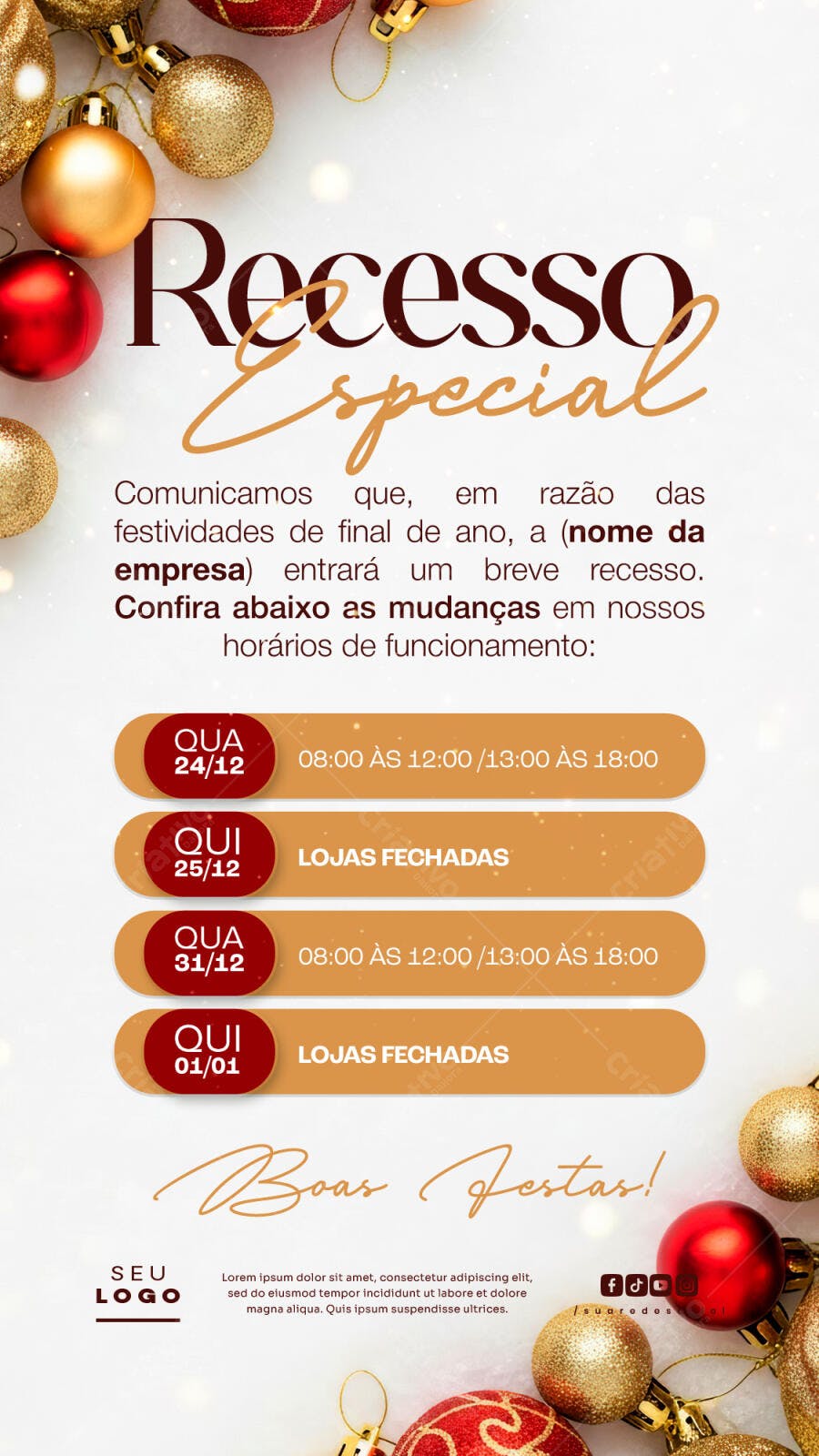 Flyer Horários Fim de Ano Recesso Lojas Natal Dourado PSD Editável