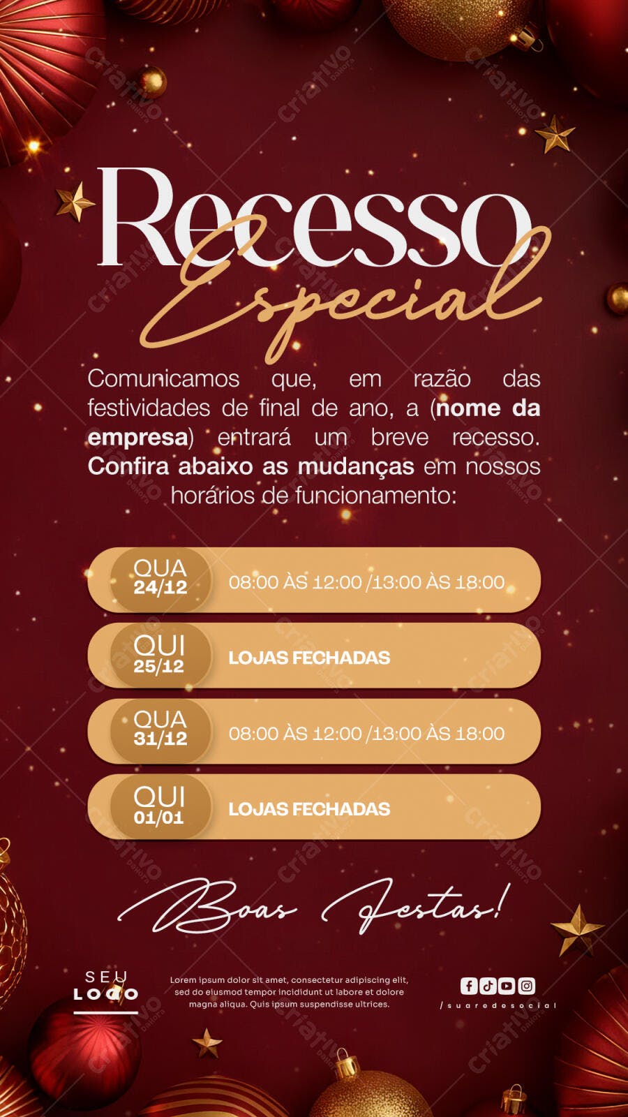 Flyer Recesso Especial Fim de Ano Horário de Funcionamento PSD Editável