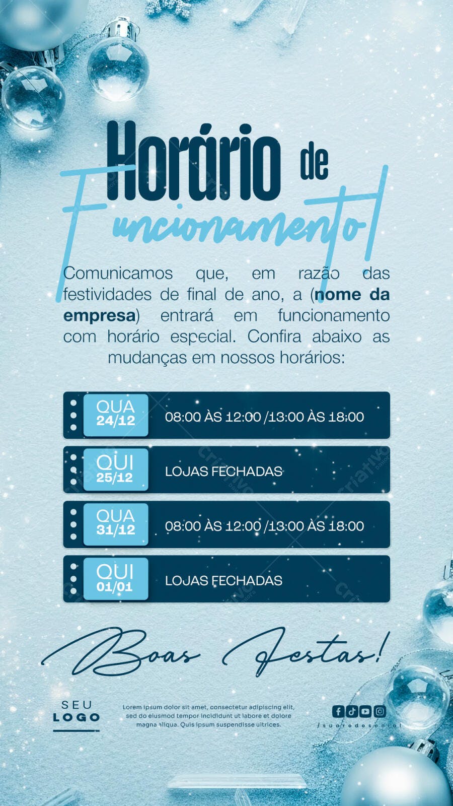 Flyer Horário de Funcionamento Natal e Ano Novo PSD Editável