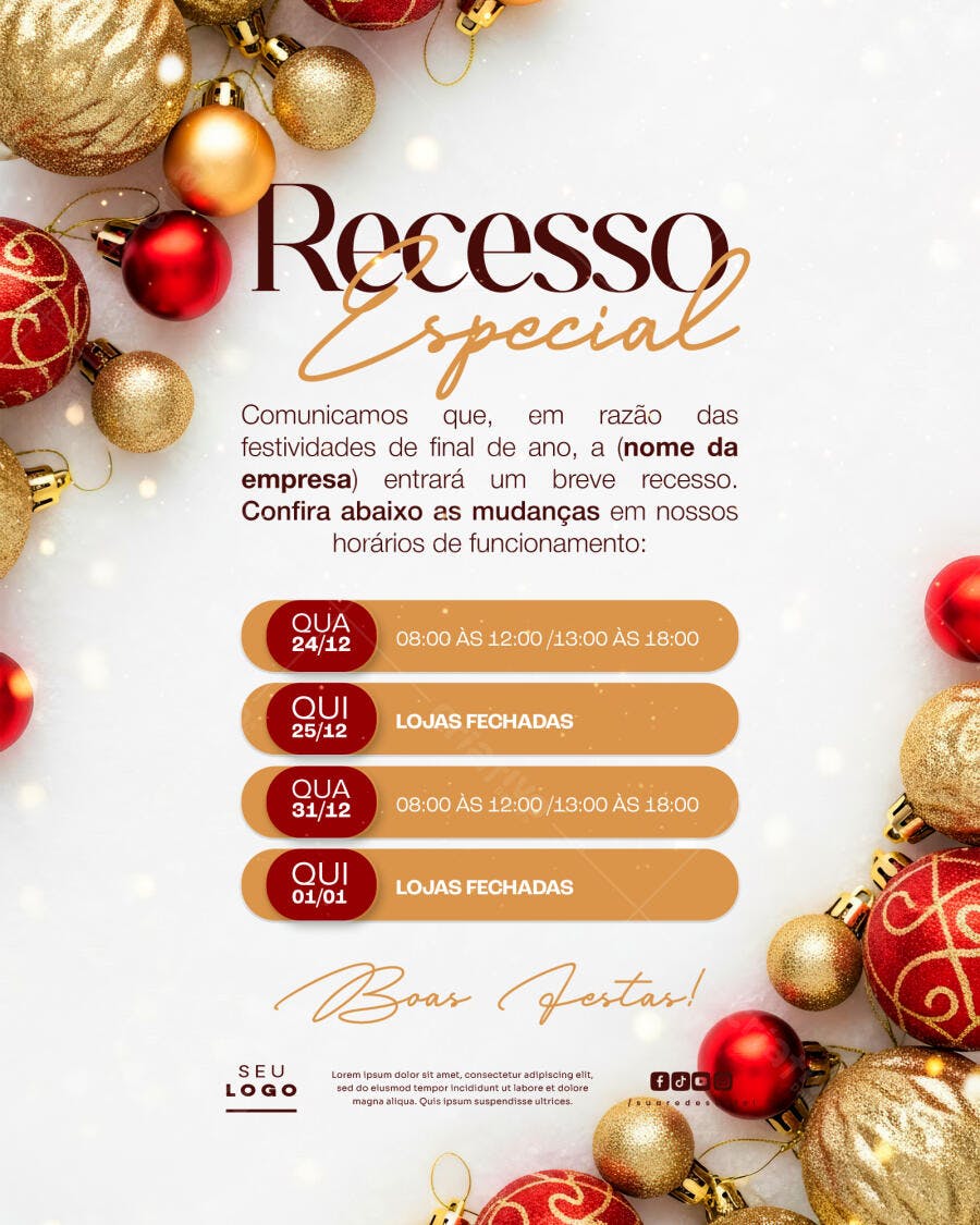 Flyer Recesso Especial Natal e Ano Novo Horários PSD Editável