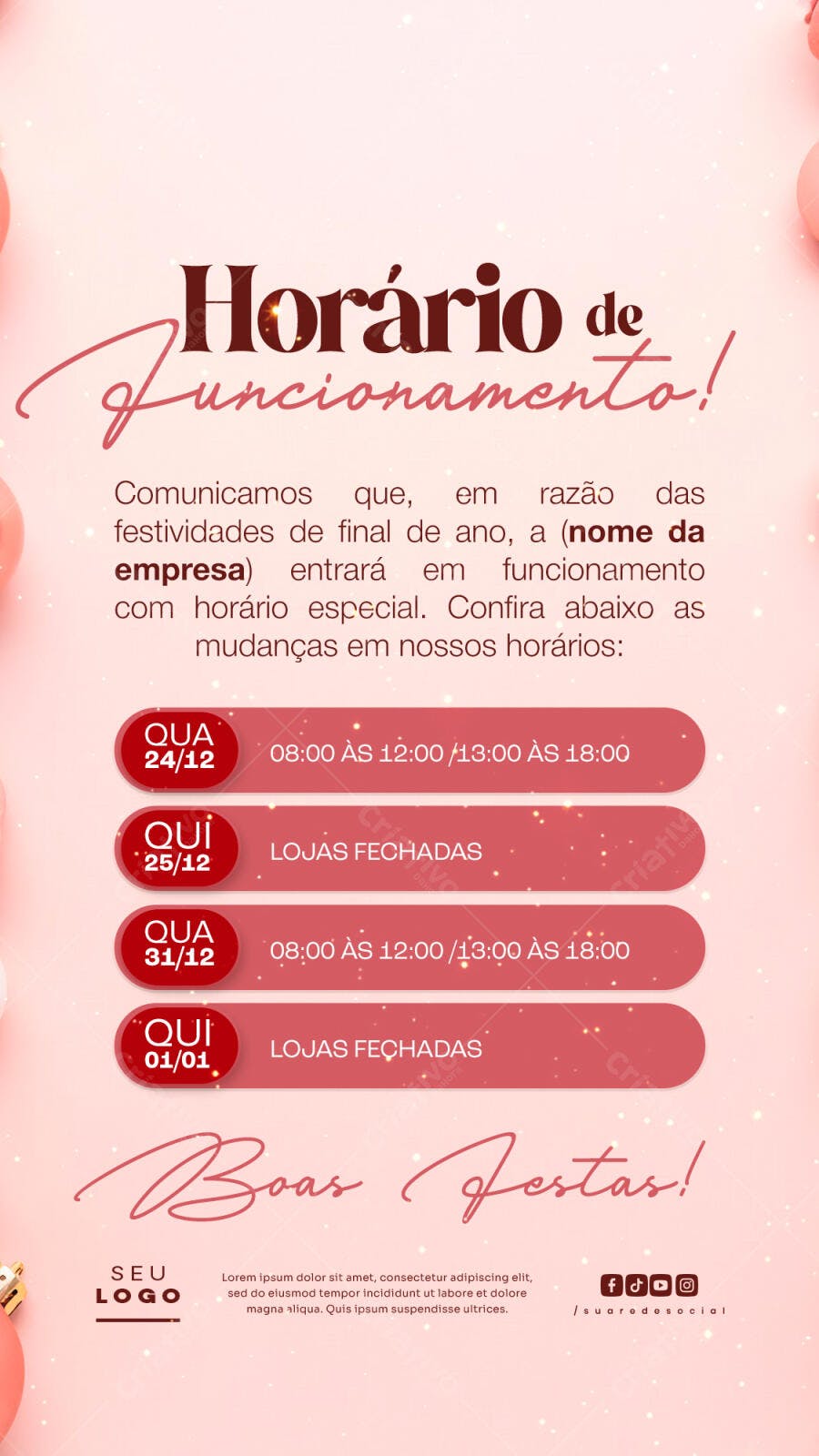 Flyer Horário de Funcionamento Natal e Ano Novo PSD Editável