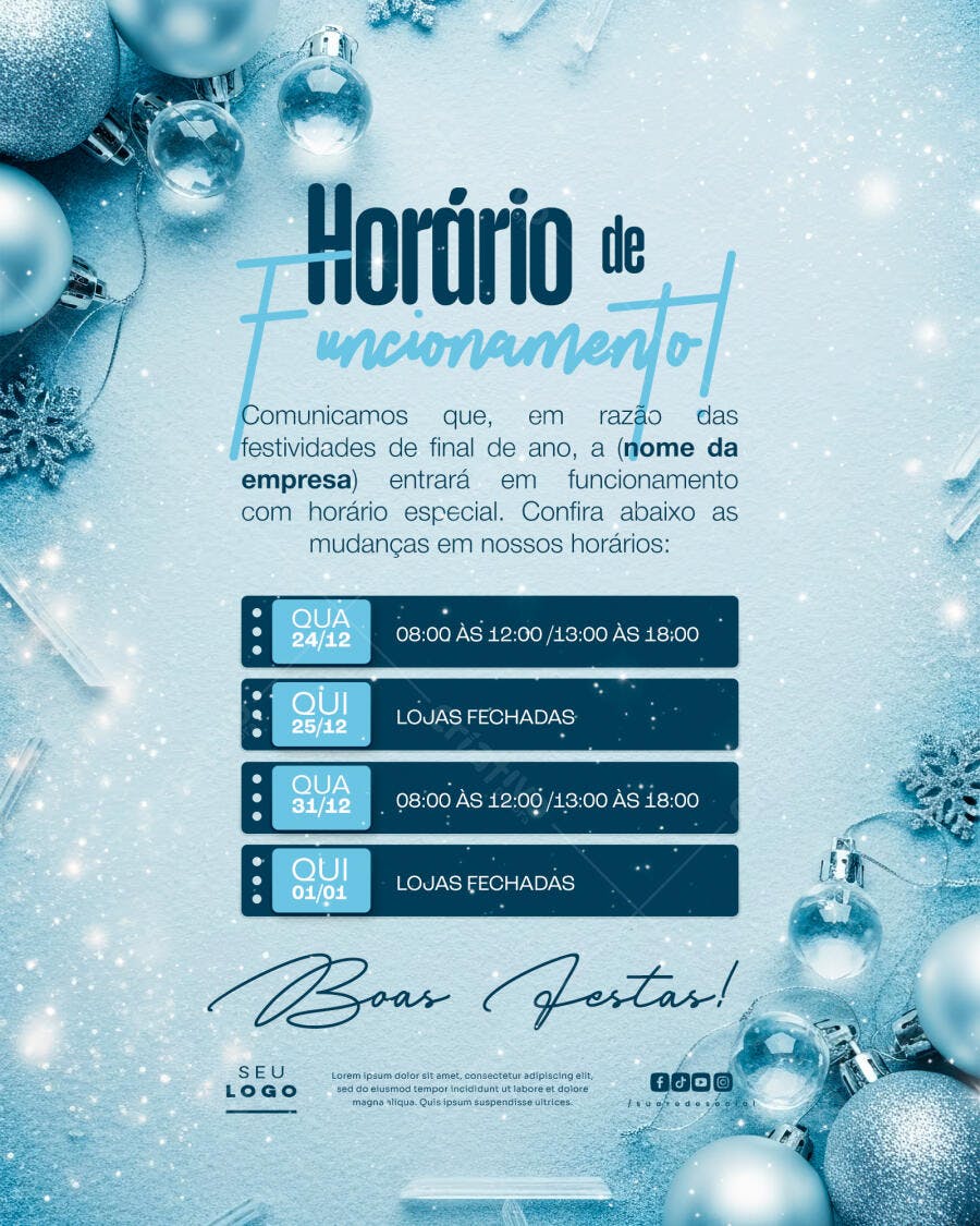 Flyer Horário de Funcionamento Festas de Fim de Ano PSD Editável