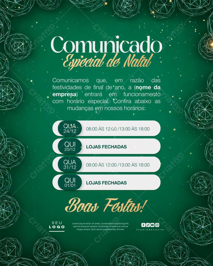 Comunicado Especial de Natal Horário Fim de Ano PSD Editável